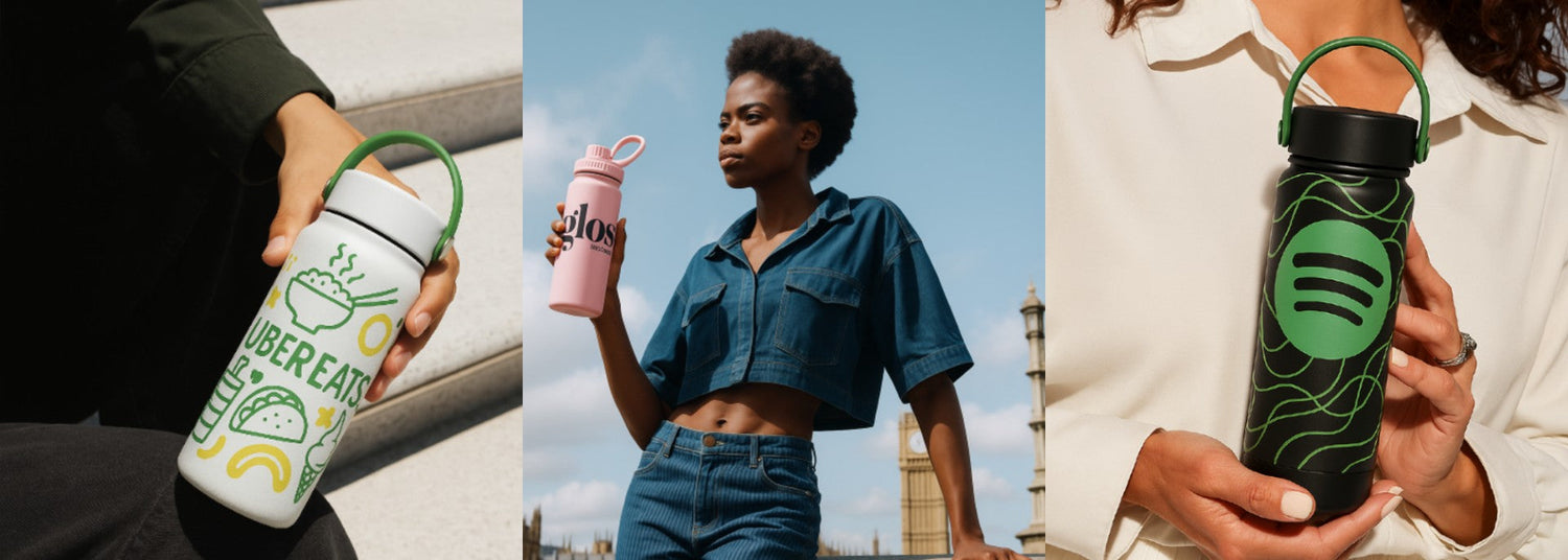 people holding custom branded water bottles