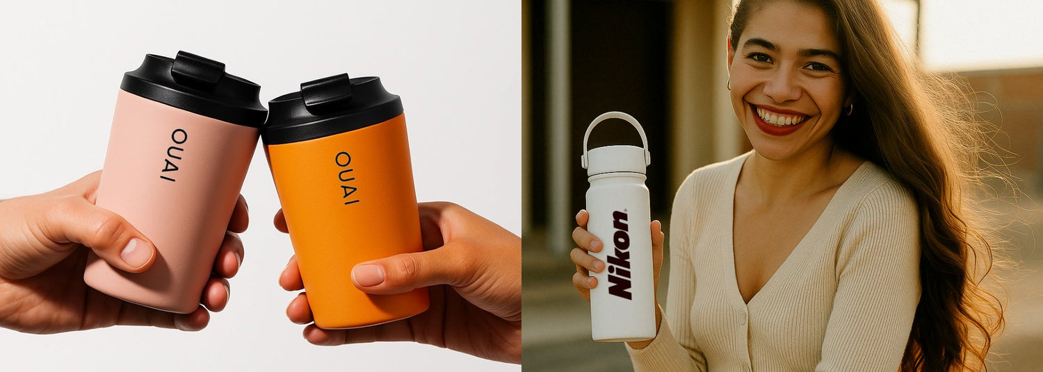 branded coffee cups and a lady holding a merch water bottle