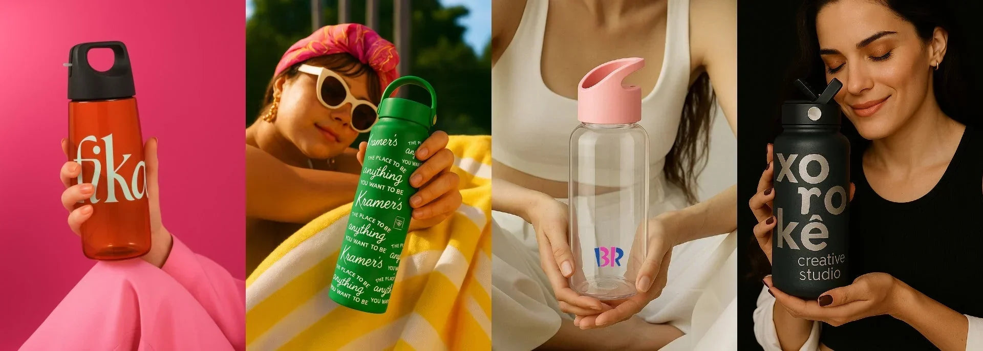 People holding different color custom branded water bottles