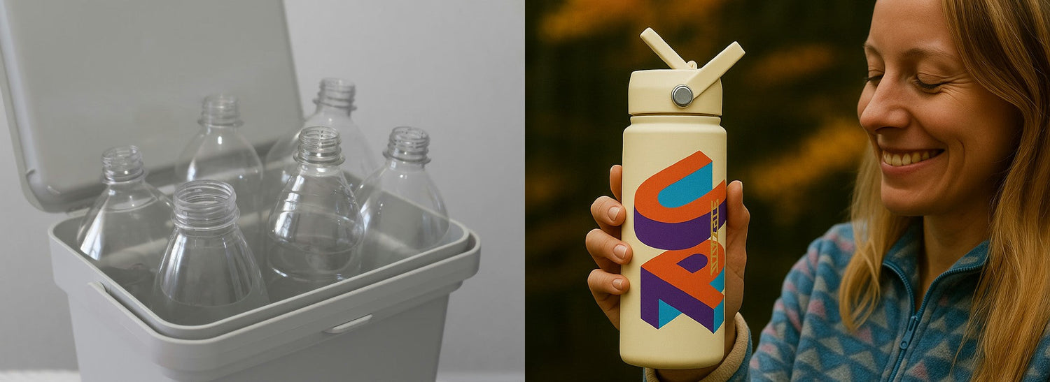 plastic bottles vs person holding a reusable business logo bottle