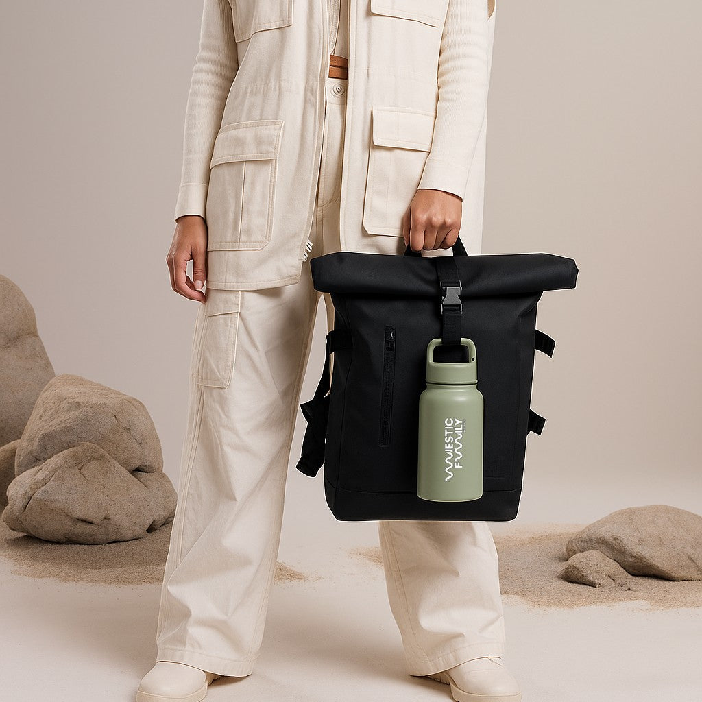 Person holding a black backpack with a green custom branded bottle attached, wearing a beige outfit.