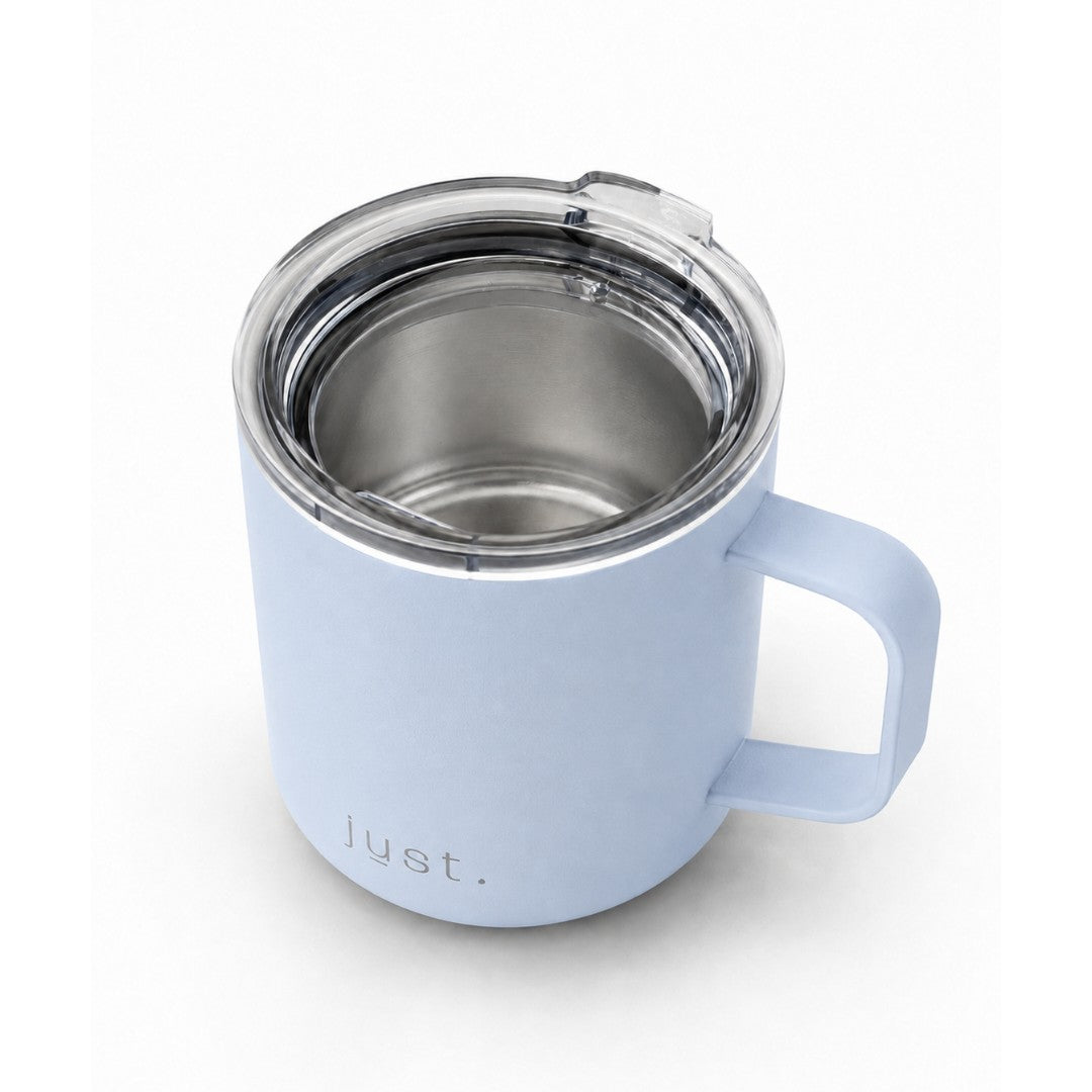 Light blue 10oz stainless steel insulated camp mug from Just Bottle, side angle view top down on a white background