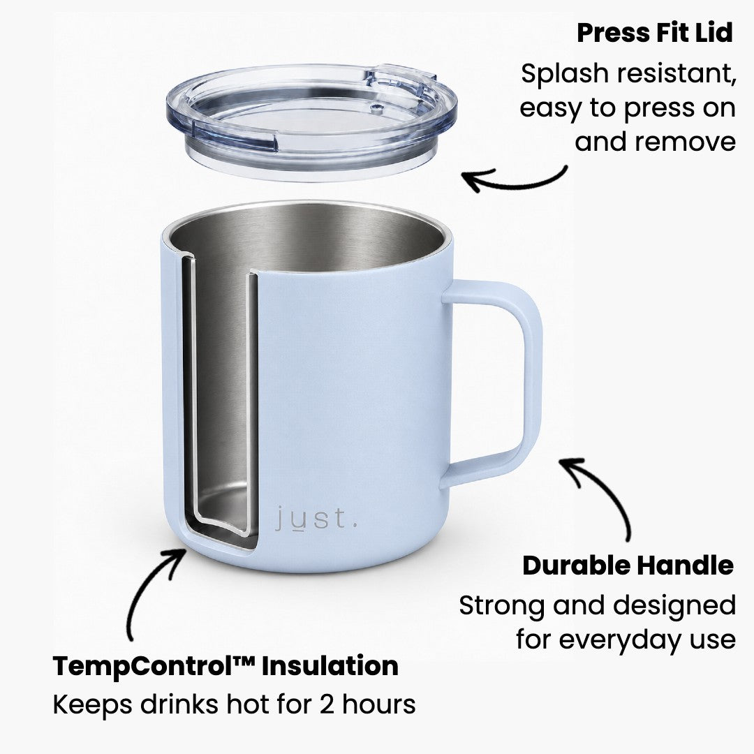 Infographic showing Just Bottle 10oz camp mug features in light blue