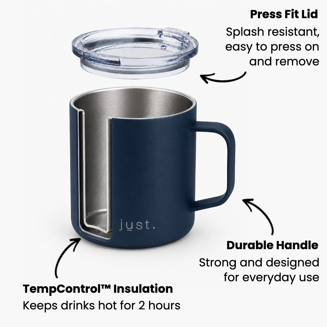 Infographic showing Just Bottle 10oz camp mug features in dark blue