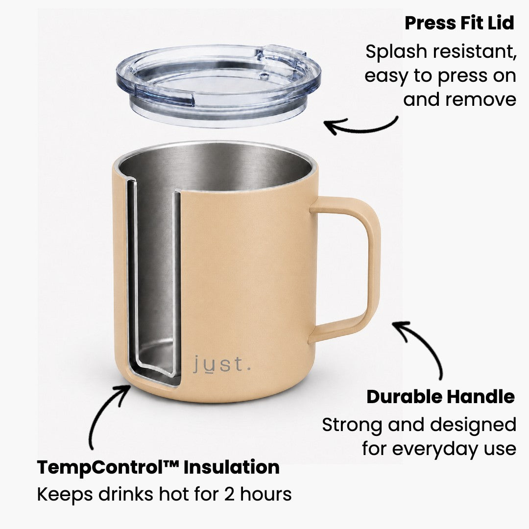Infographic showing Just Bottle 10oz camp mug features in beige