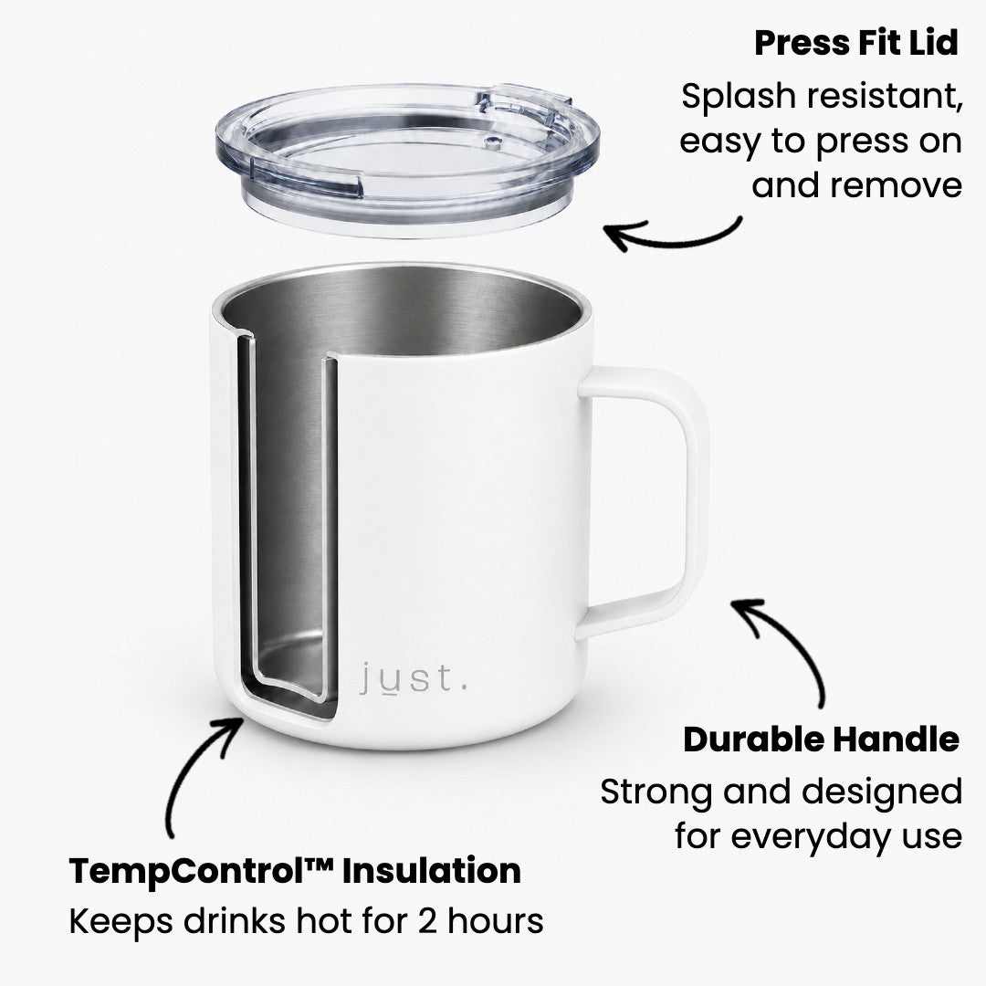 Infographic showing Just Bottle 10oz camp mug features in white