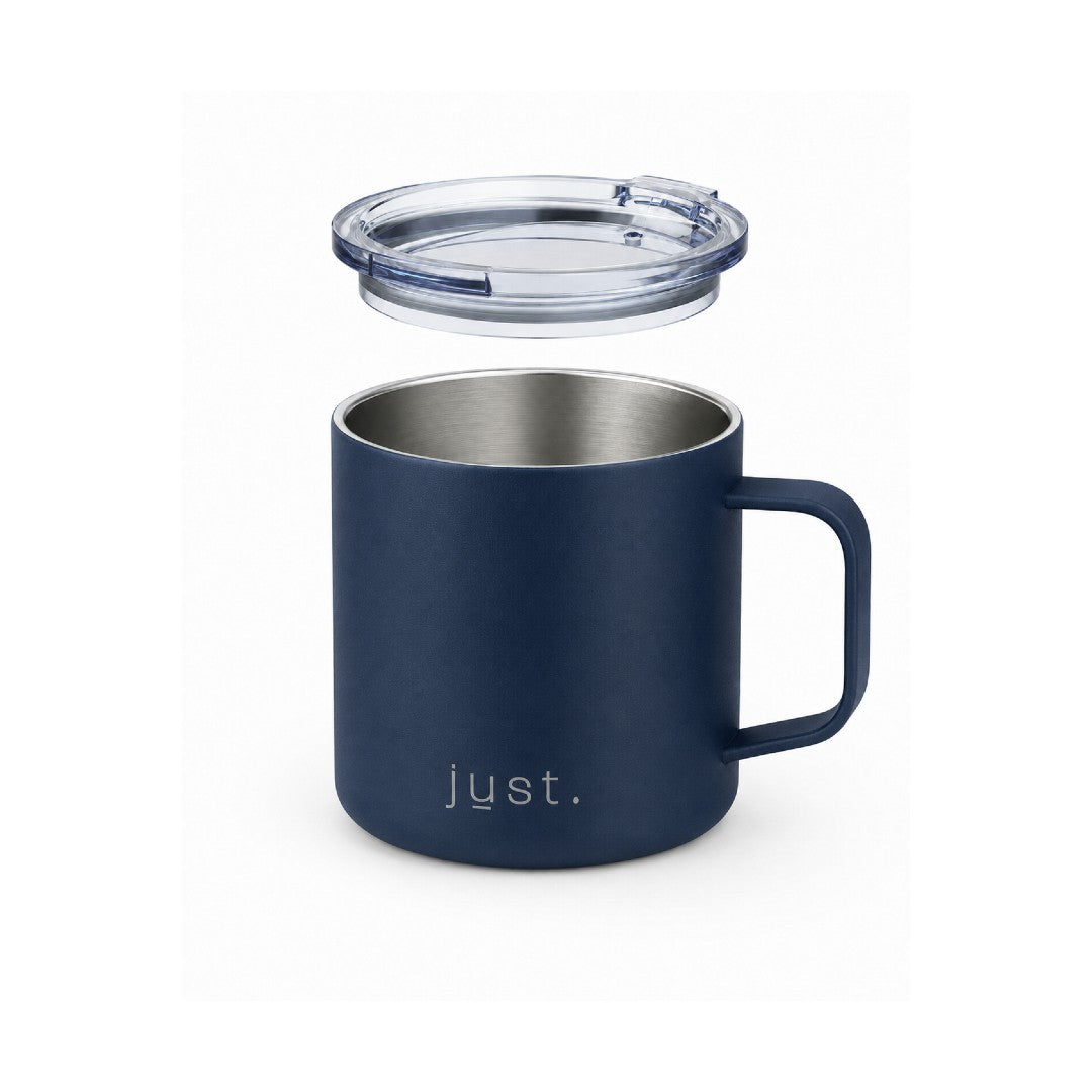 Dark blue 10oz stainless steel insulated camp mug from Just Bottle, front view on a white background with lid hovering above mug