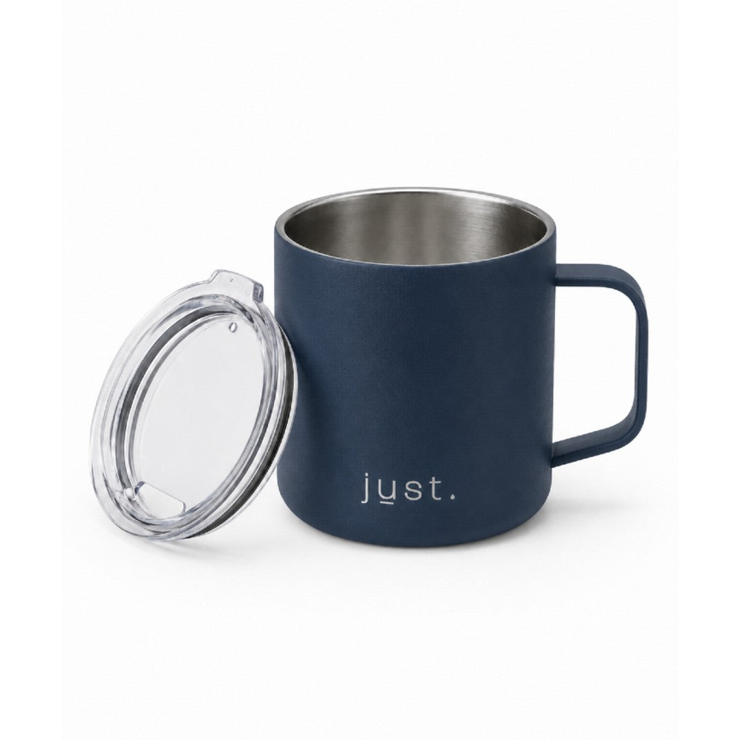 Dark blue 10oz stainless steel insulated camp mug from Just Bottle, front view on a white background with lid next to mug