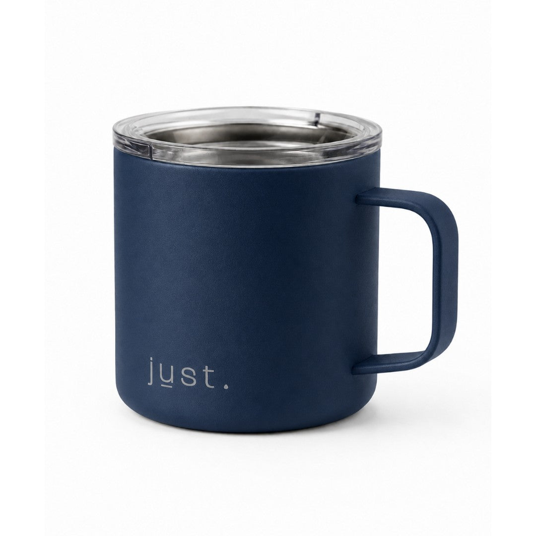 Dark blue 10oz stainless steel insulated camp mug from Just Bottle, side angle view on a white background