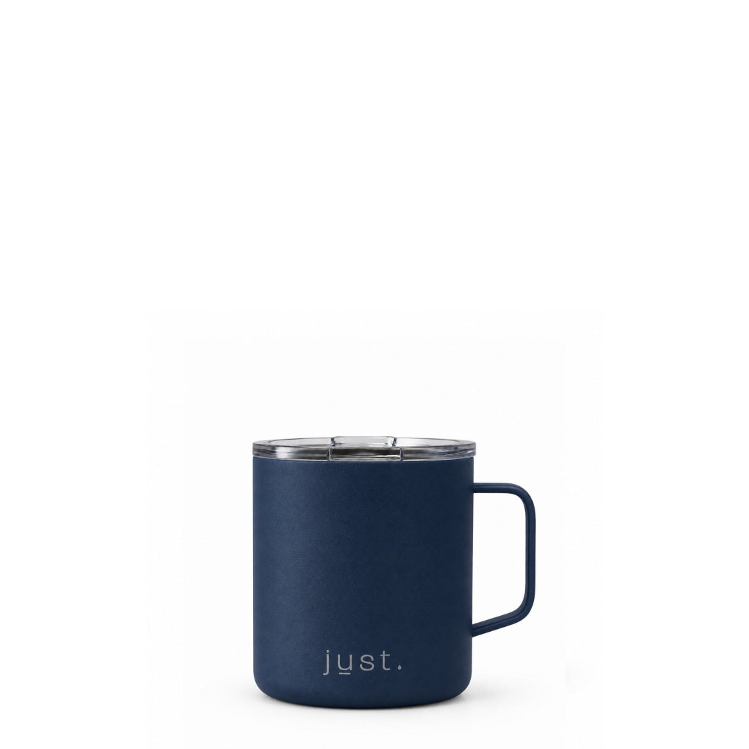 Dark blue 10oz stainless steel insulated camp mug from Just Bottle, front view on a white background