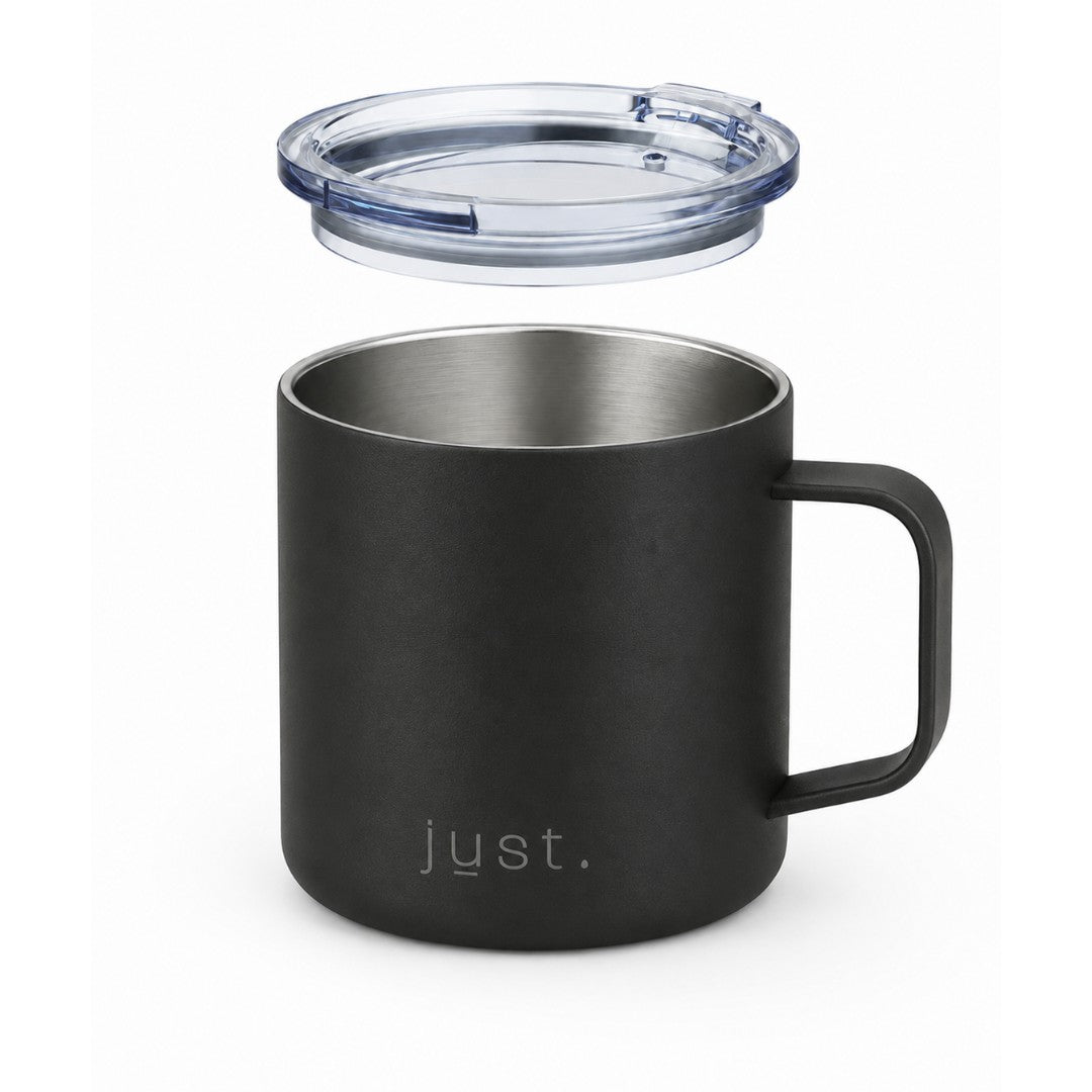 Black 10oz stainless steel insulated camp mug from Just Bottle, front view on a white background with lid hovering above mug