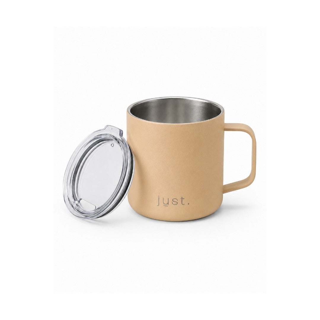 Beige 10oz stainless steel insulated camp mug from Just Bottle, front view on a white background with lid next to mug
