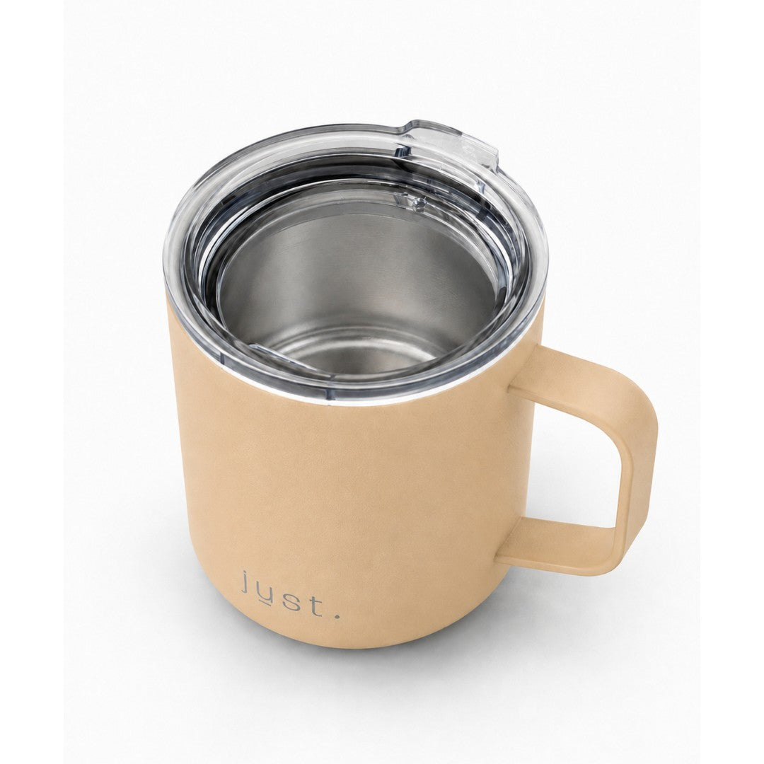 Beige 10oz stainless steel insulated camp mug from Just Bottle, top down view on a white background