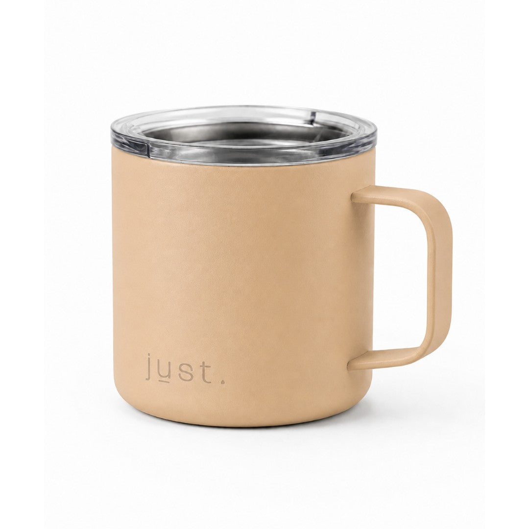 Beige 10oz stainless steel insulated camp mug from Just Bottle, side view on a white background