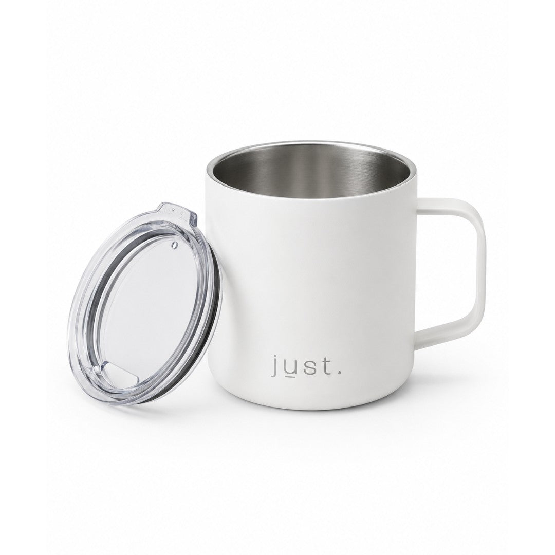 White 10oz stainless steel insulated camp mug from Just Bottle, front view on a white background with lid next to mug