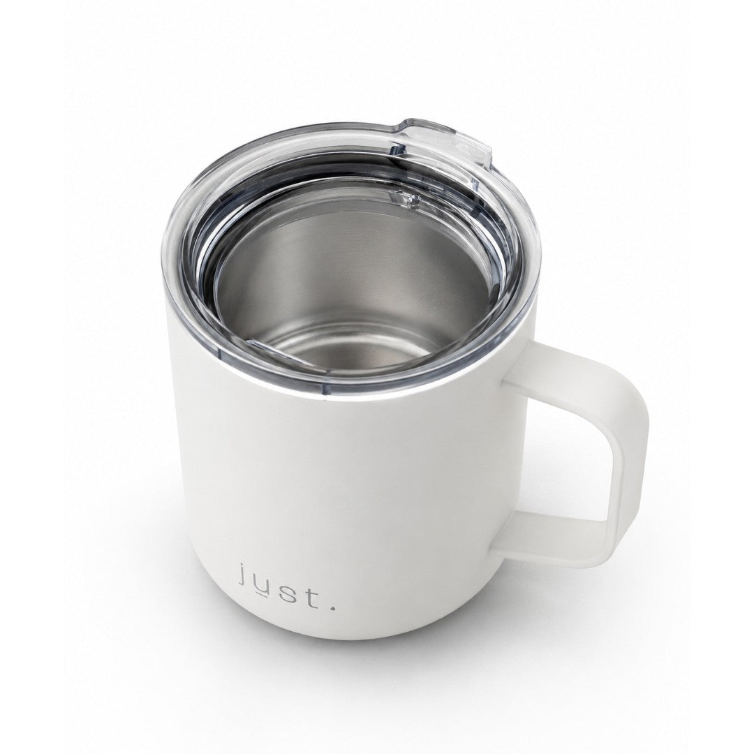 White 10oz stainless steel insulated camp mug from Just Bottle, top down view on a white background