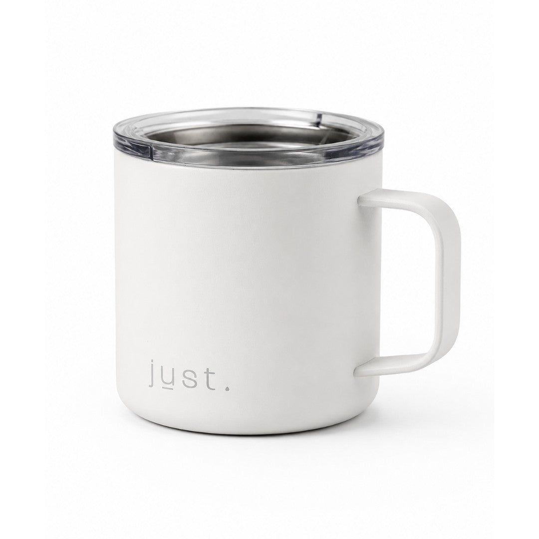 White 10oz stainless steel insulated camp mug from Just Bottle, side view on a white background