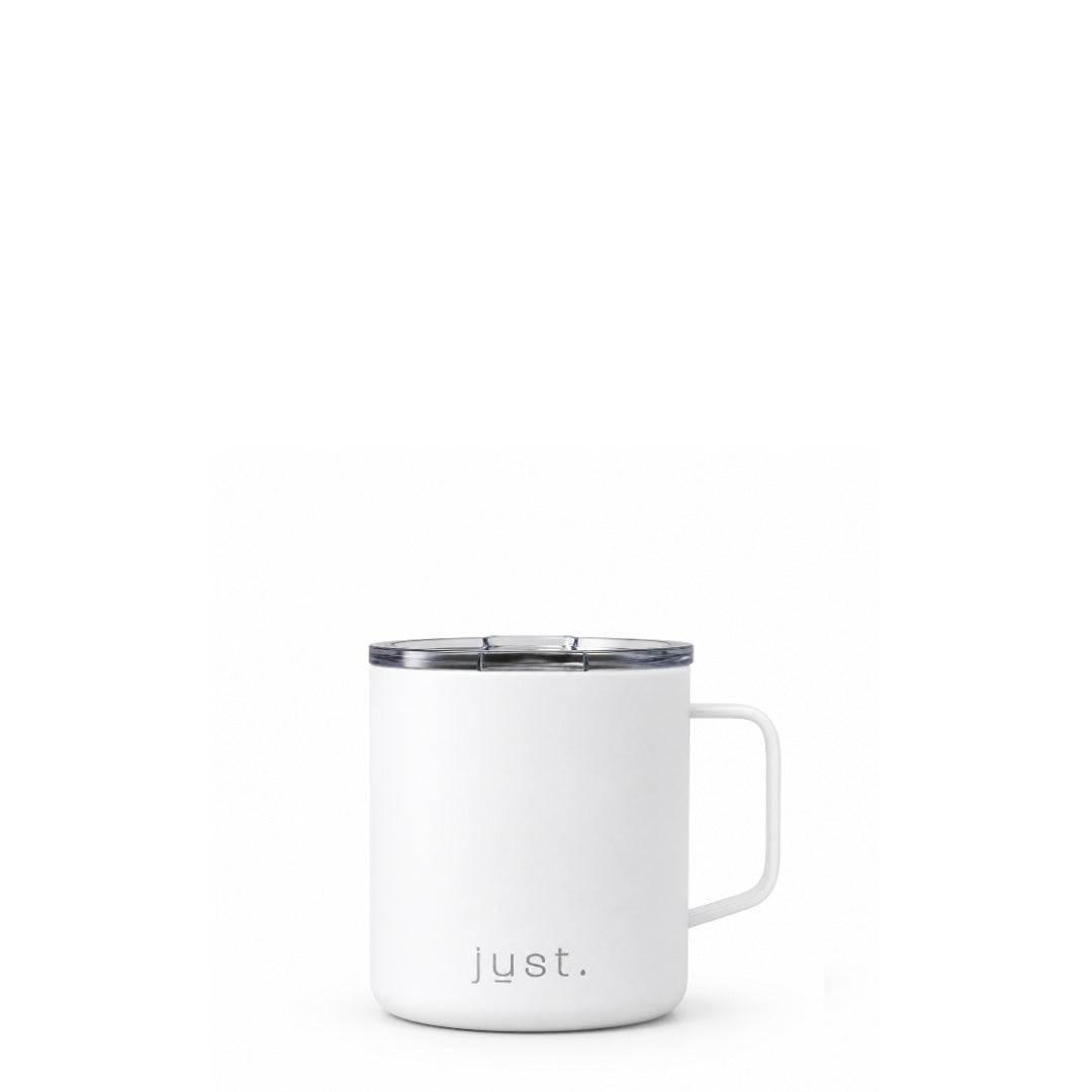 White 10oz stainless steel insulated camp mug from Just Bottle, front view on a white background