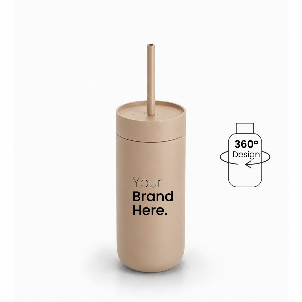 Linen brown 500ml 16oz Custom logo "Your brand here" stainless steel tumbler with straw, front view on a white background