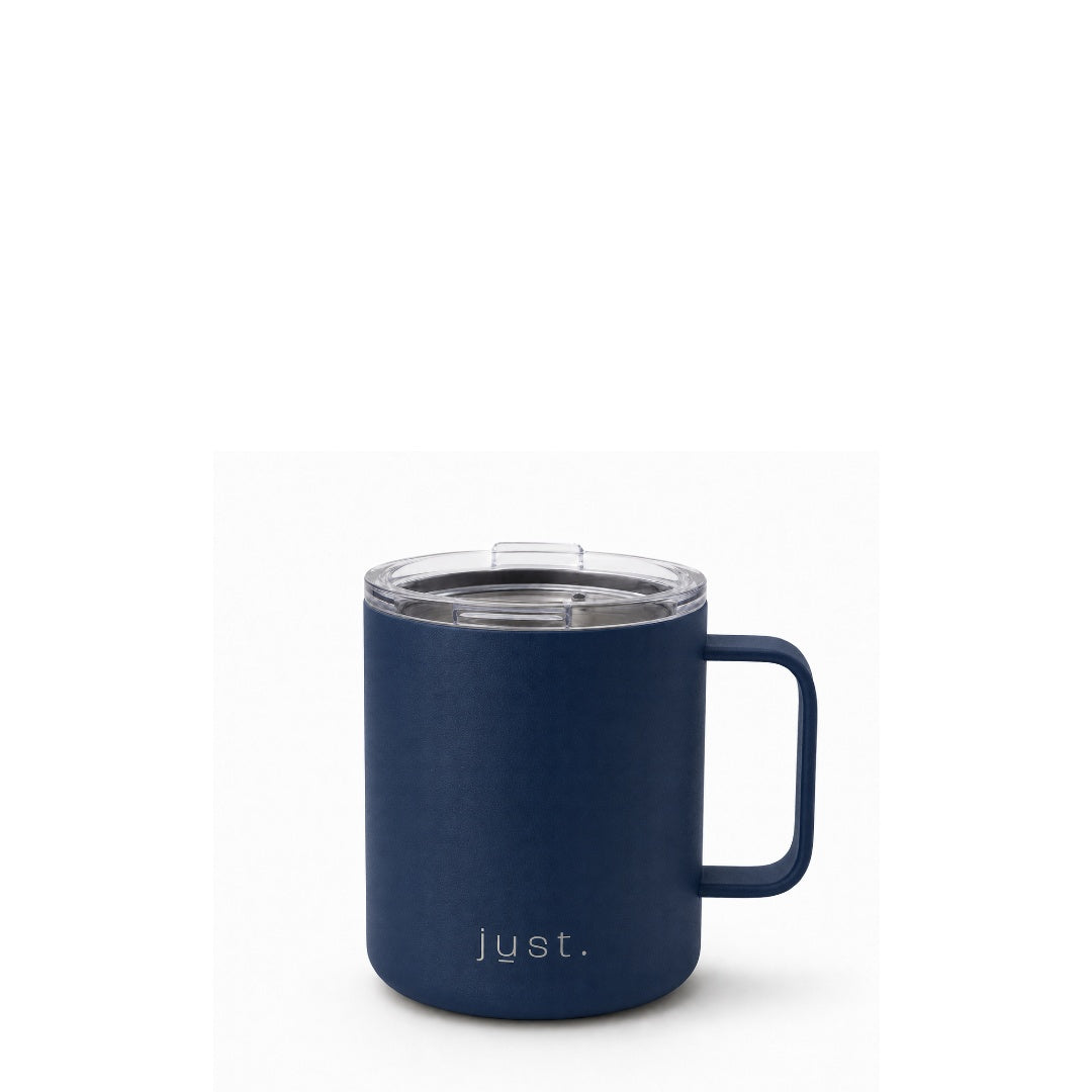 12oz (350ml) stainless steel camp mug in dark blue, front view on a plain white background