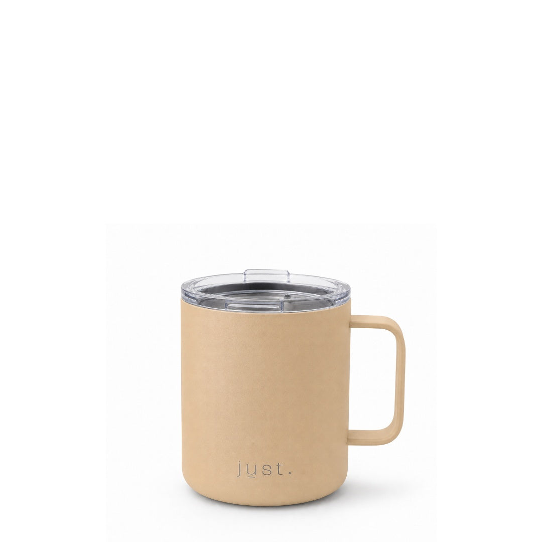 12oz (350ml) stainless steel camp mug in beige, front view on a plain white background