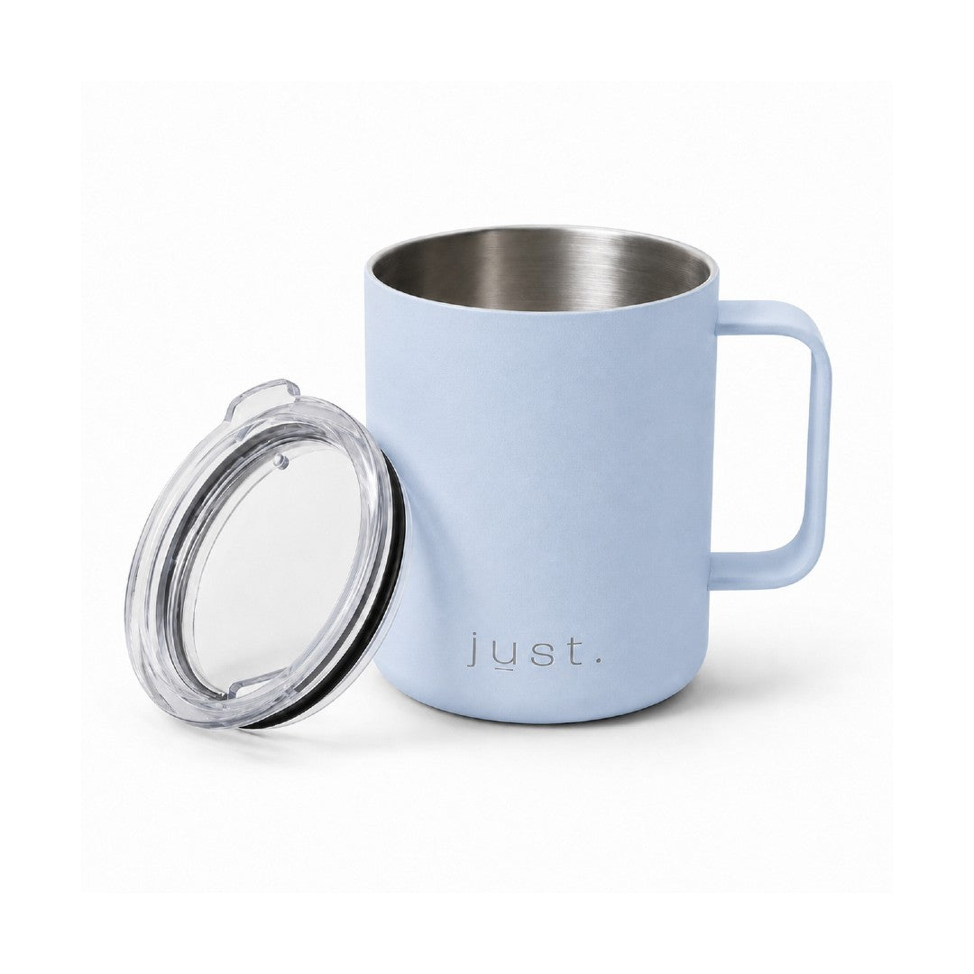 12oz (350ml) stainless steel camp mug in light blue, front view on a plain white background with lid resting against the mug