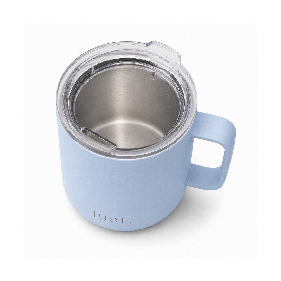 12oz (350ml) stainless steel camp mug in light blue, top down view on a plain white background