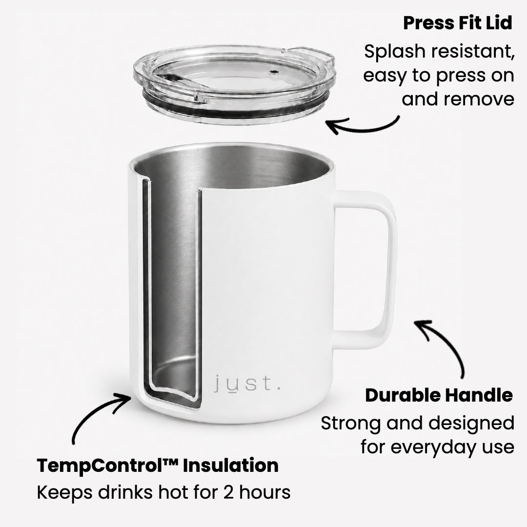 Infographic showing features of Just Bottles Campfire Mug in white