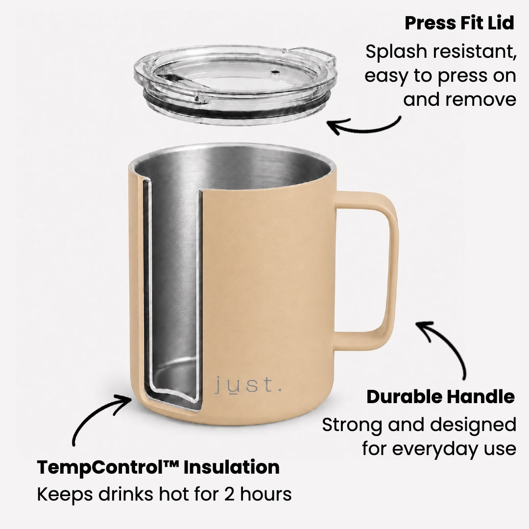 Infographic showing features of Just Bottles Campfire Mug in beige