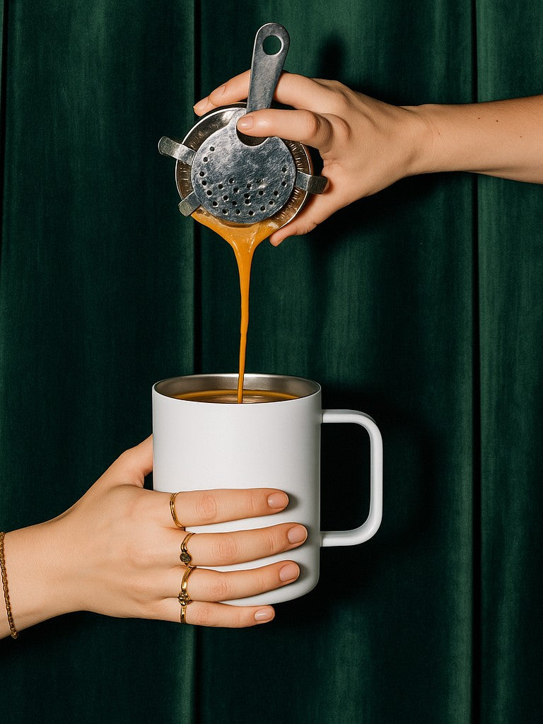 Person pouring coffee from a metal filter into a white travel mug against a dark green curtain background