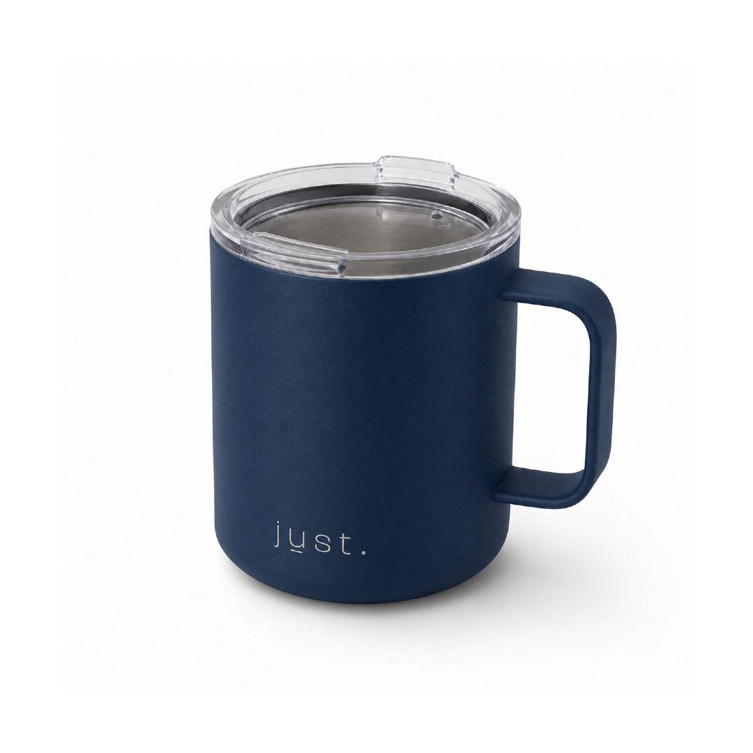 12oz (350ml) stainless steel camp mug in dark blue, side angle view on a plain white background