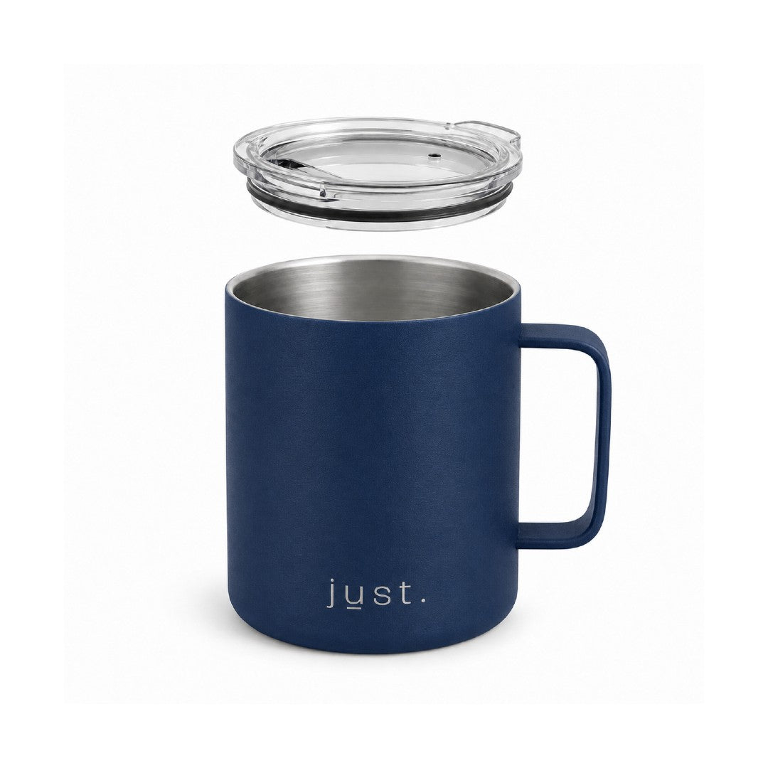12oz (350ml) stainless steel camp mug in dark blue, front view on a plain white background with lid hovering above mug