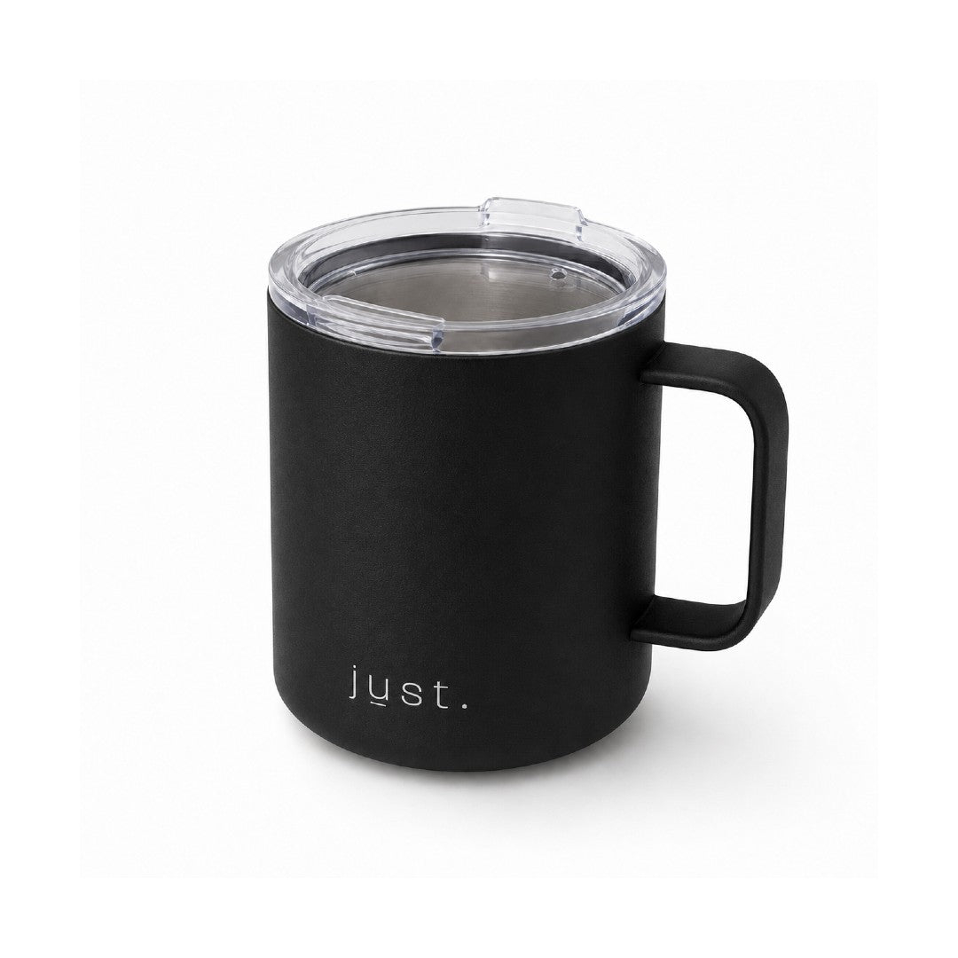 12oz (350ml) stainless steel camp mug in black, side angle view on a plain white background