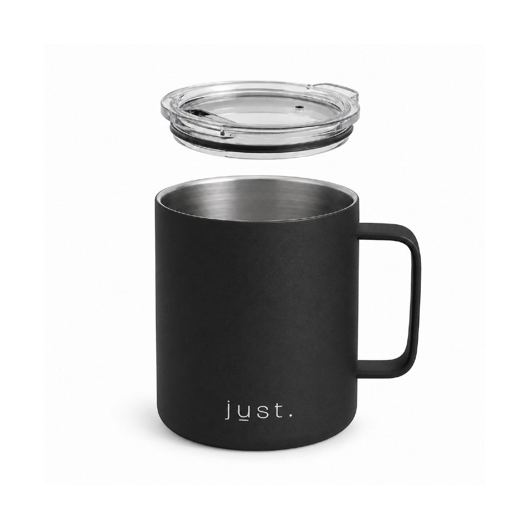 12oz (350ml) stainless steel camp mug in black, front view on a plain white background with lid hovering above mug