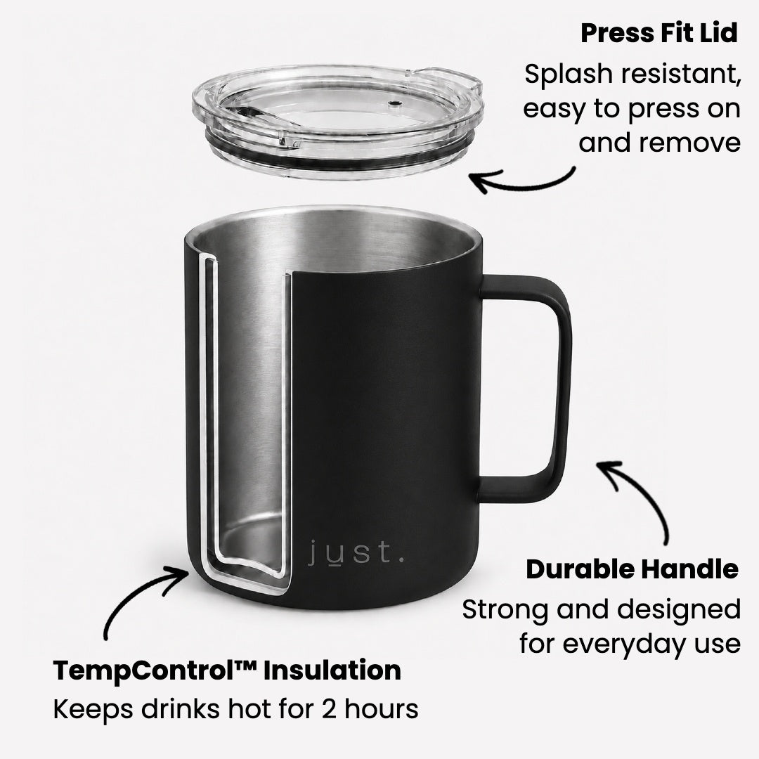 Infographic showing features of Just Bottles Campfire Mug in black