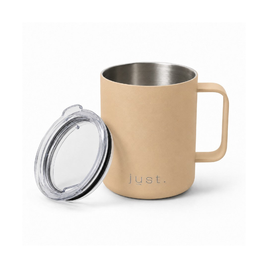 12oz (350ml) stainless steel camp mug in beige, front view on a plain white background with lid resting on mug