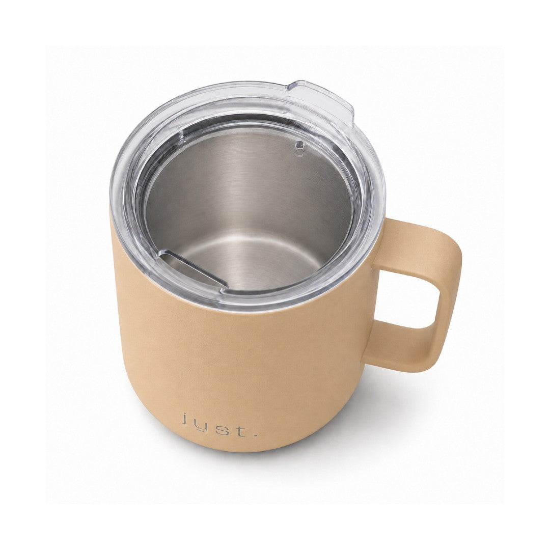 12oz (350ml) stainless steel camp mug in beige, top down view on a plain white background