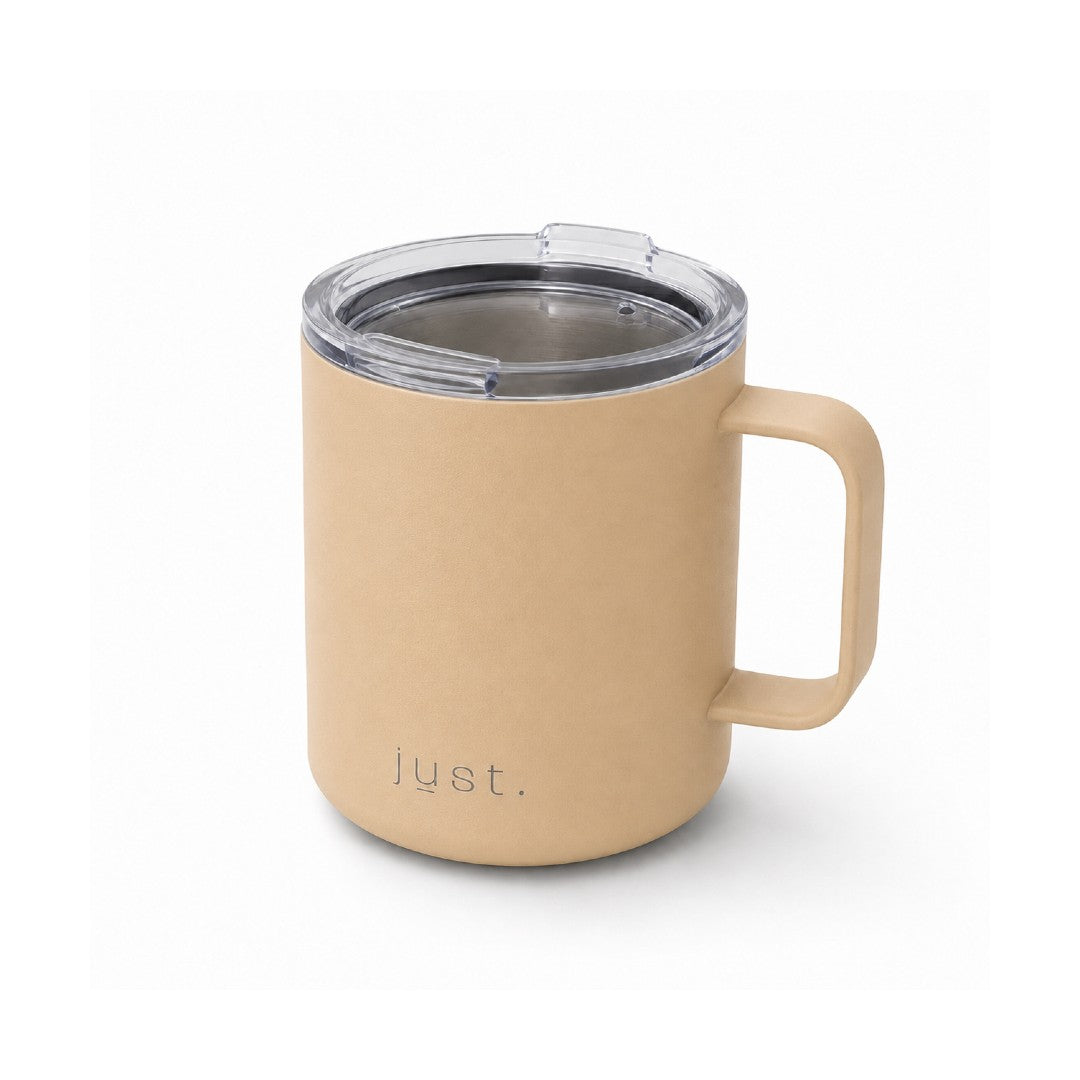 12oz (350ml) stainless steel camp mug in beige, side angle view on a plain white background