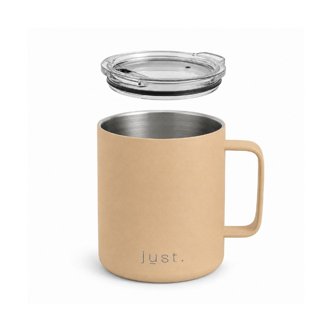 12oz (350ml) stainless steel camp mug in beige, front view on a plain white background with lid hovering above mug