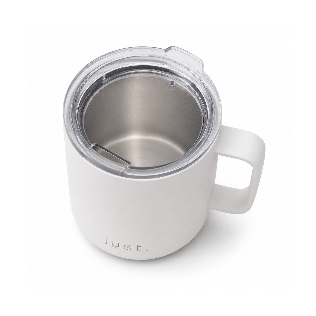 12oz (350ml) stainless steel camp mug in white, top down view on a plain white background