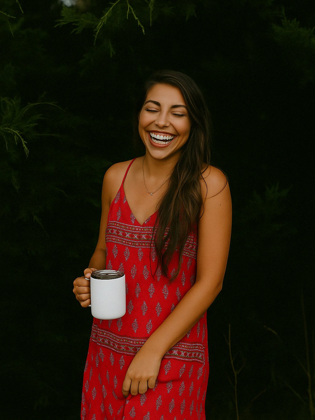 Woman in a red dress holding a 355ml / 12oz white metal mug with a dark background