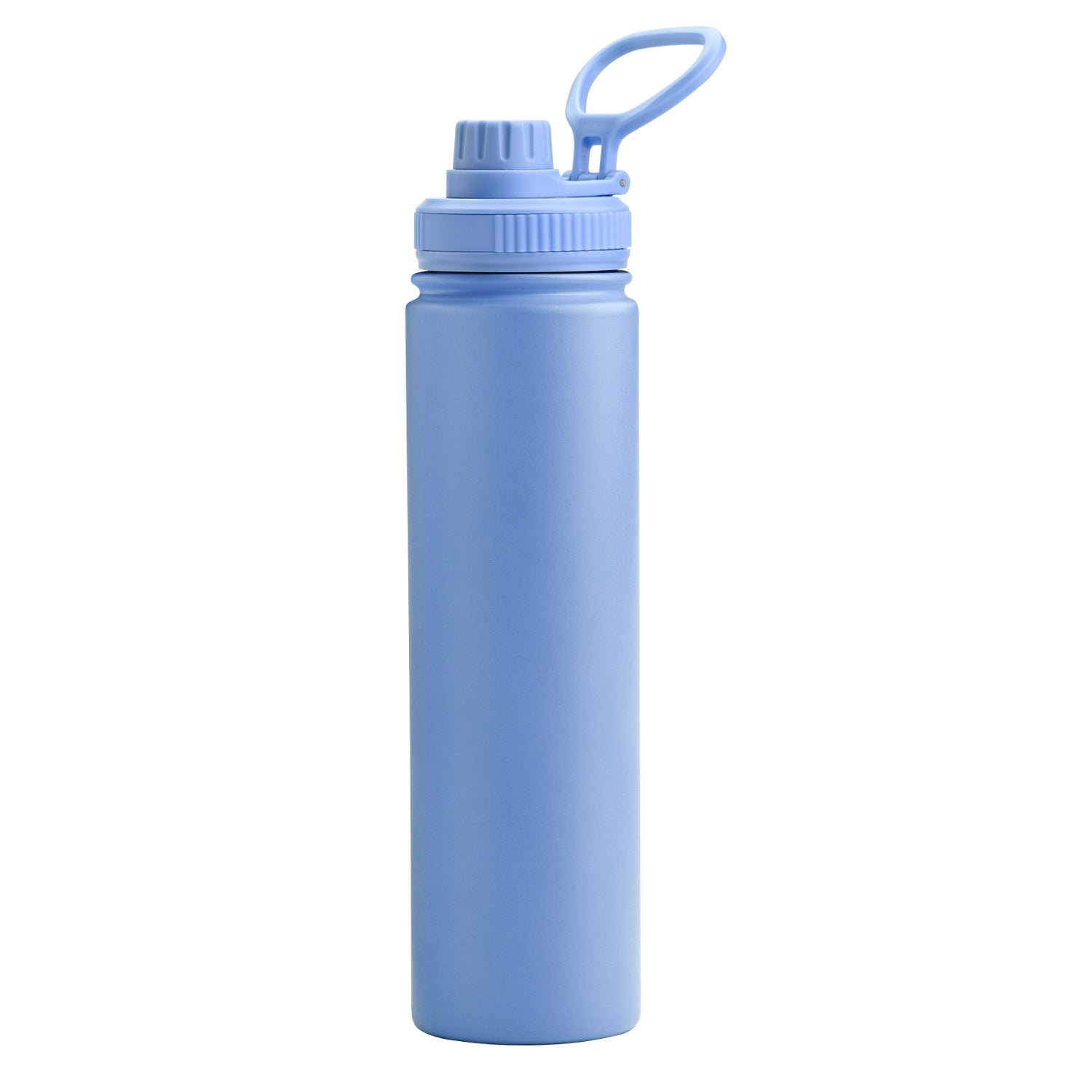 light blue tall water bottle with company logo