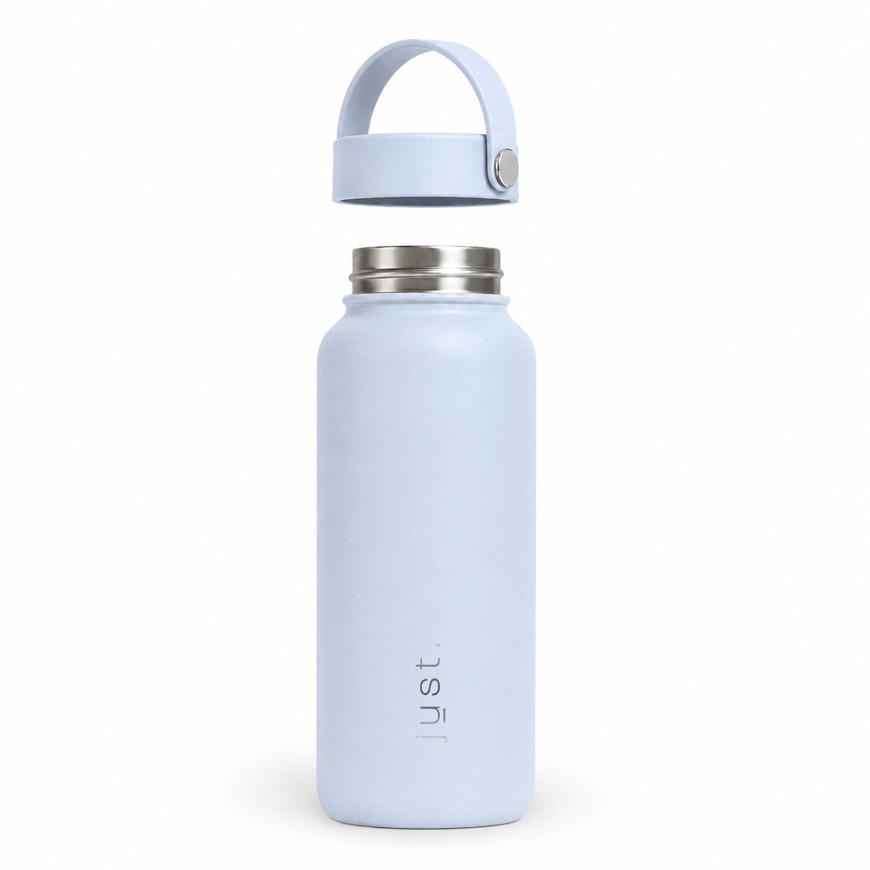 Light blue 1L 34oz stainless steel water bottle from Just Bottle with lid above the bottle
