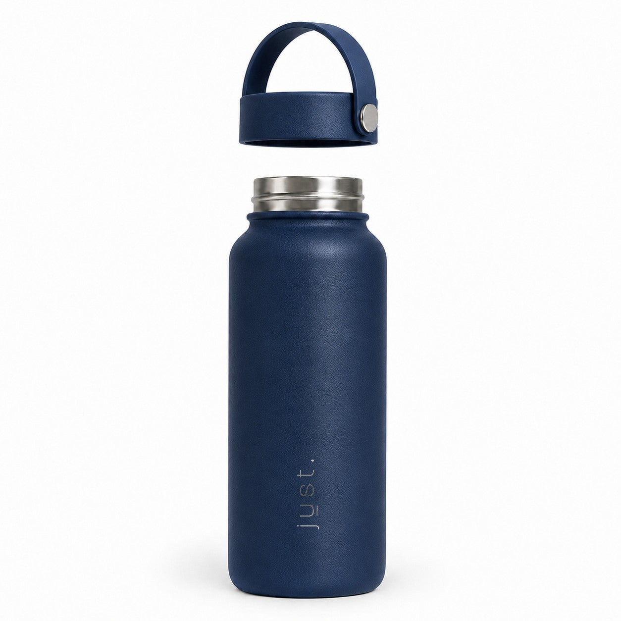 Dark blue 1L 34oz stainless steel water bottle from Just Bottle with lid above the bottle