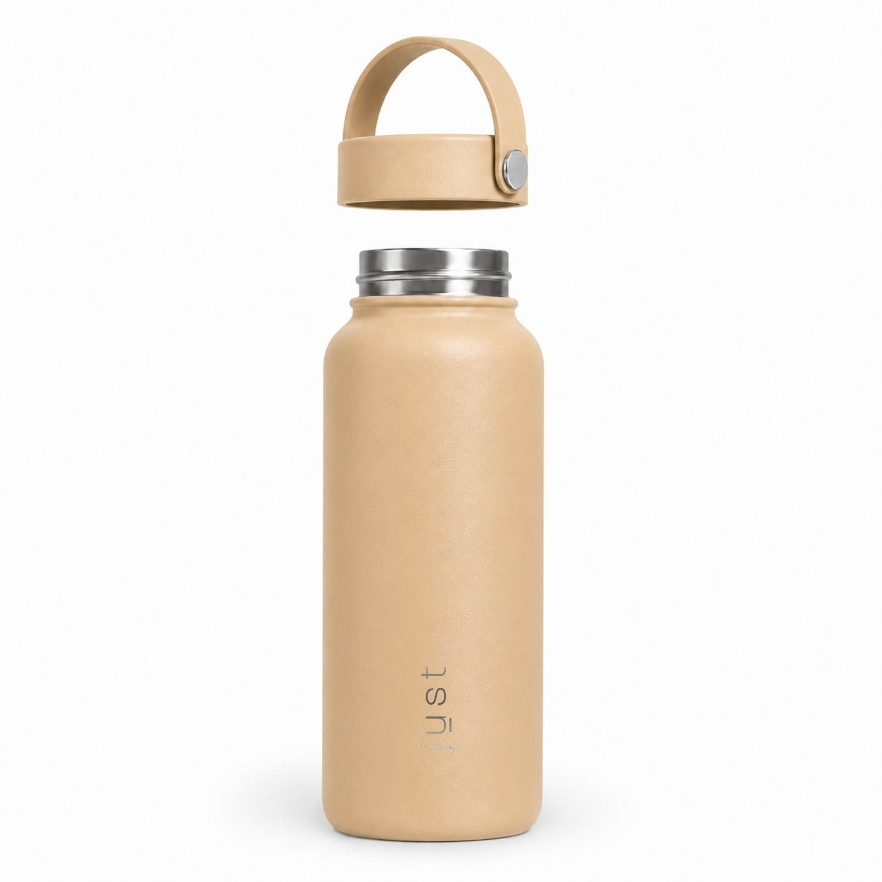 Beige 1L 34oz stainless steel water bottle from Just Bottle with lid above the bottle