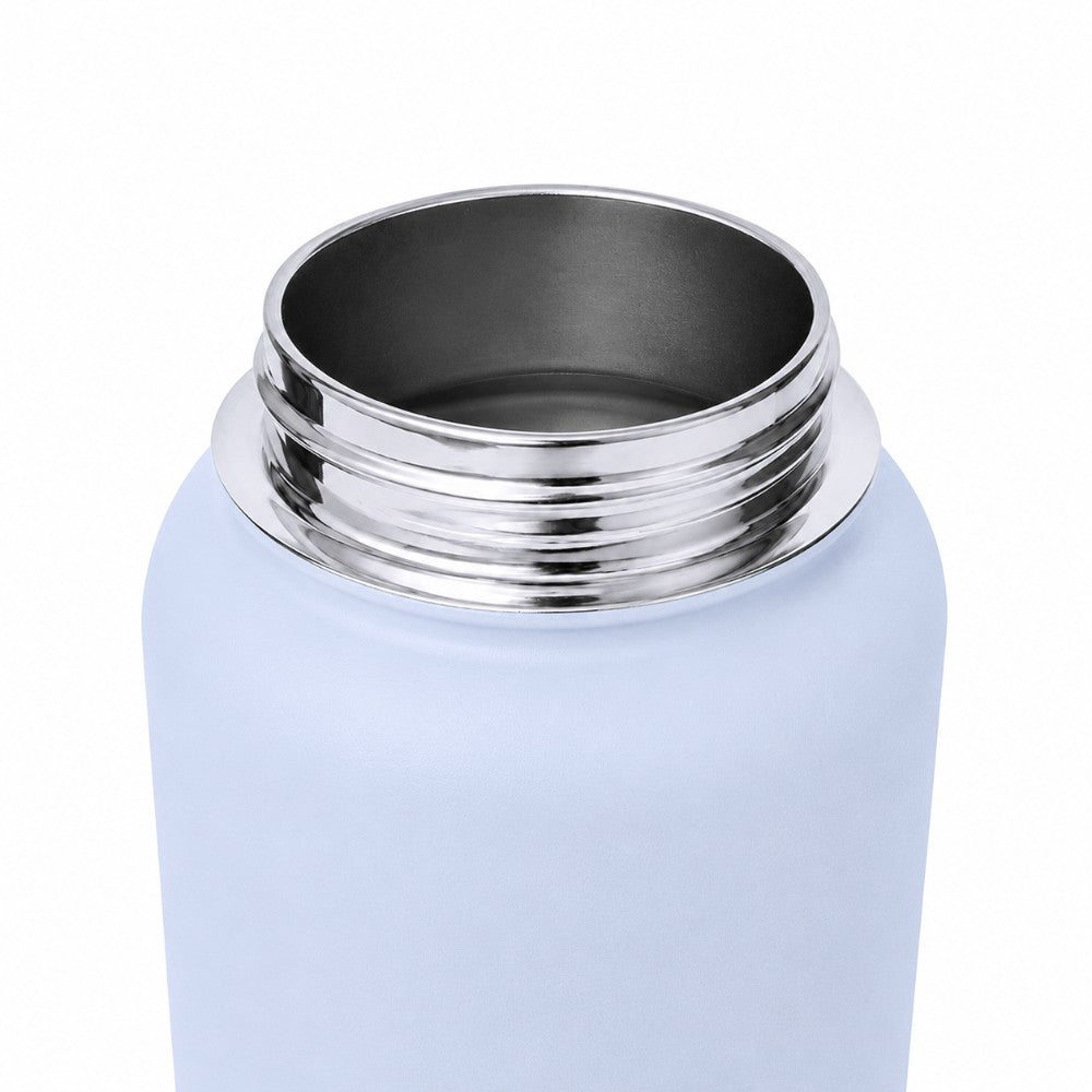Close up of neck of stainless steel 1 litre leakproof water bottle in light blue