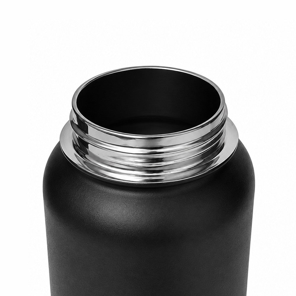 Close up of neck of stainless steel 1 litre leakproof water bottle in black