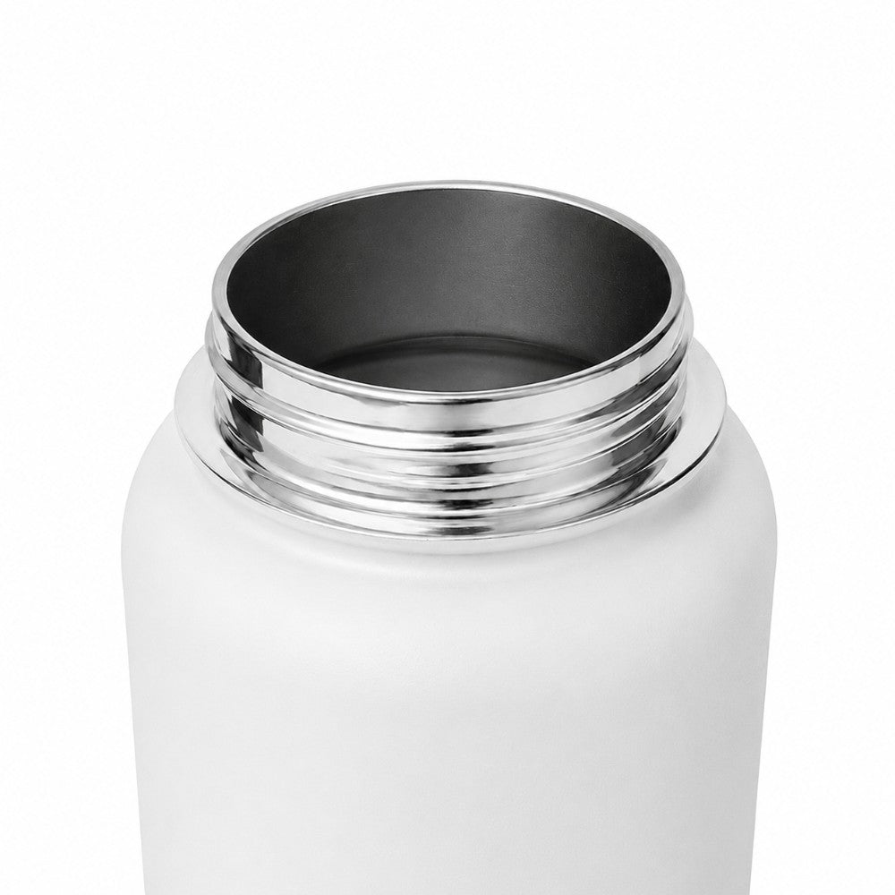 Close up of neck of stainless steel 1 litre leakproof water bottle in white