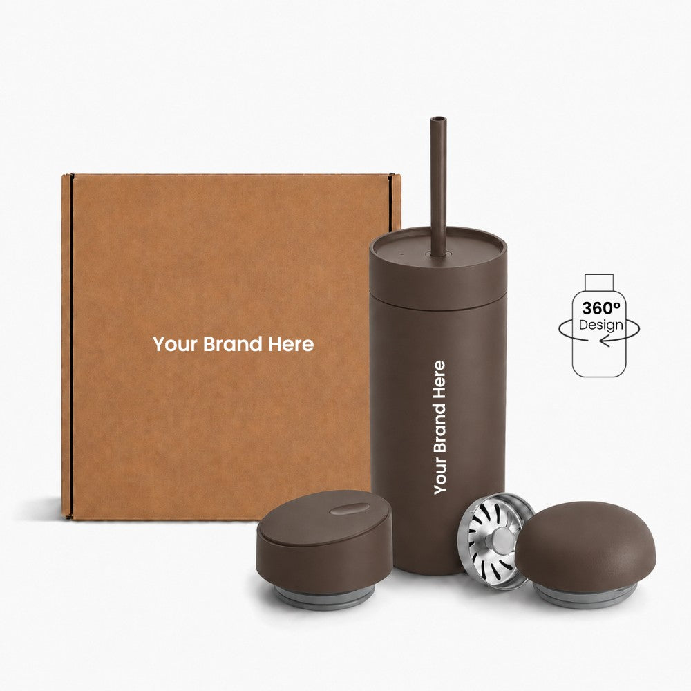 Just Bottle all day tumbler 3 in 1 gift set with custom logo branding in brown colour, front view with packaging behind on a white background and 360 wrap print icon