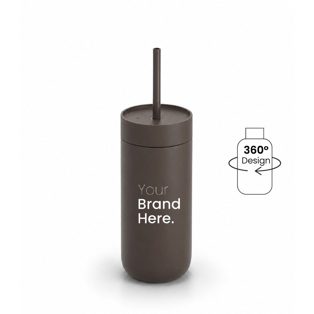 Cocao brown 500ml 16oz Custom logo "Your brand here" stainless steel tumbler with straw, front view on a white background